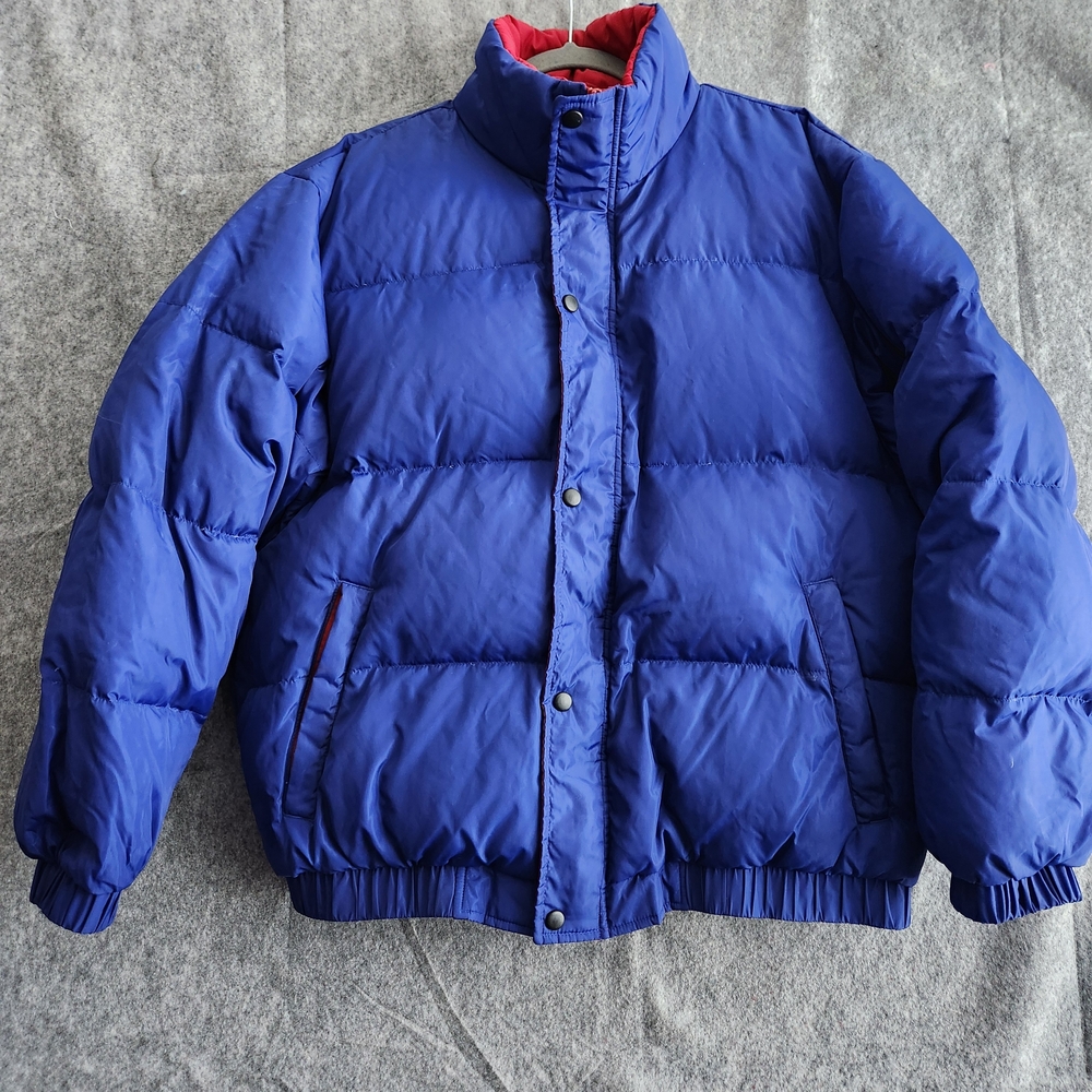 Lands End Vintage Down Puffer Quilted Full Zip Snap Jacket Coat Men's L Blue Red